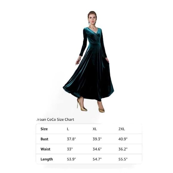 Urban Coco Size M Long Sleeve V-Neck Maxi Dress Emerald Green Velvet Formal NWT - Picture 4 of 15